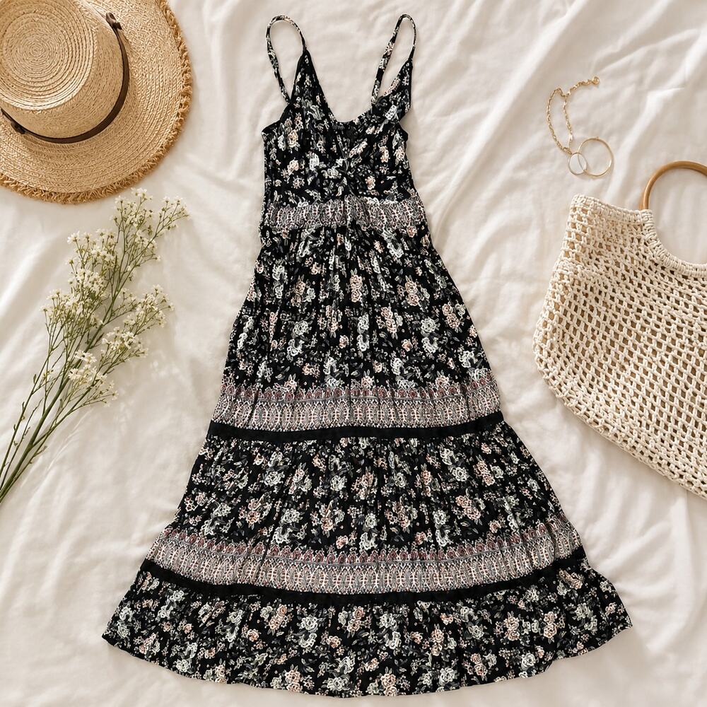 Angie Black Floral Tiered Boho Maxi Dress Spaghetti Strap 100% Rayon Size M